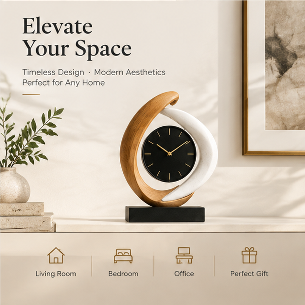 STORVIOBEE® Spiral Desk Clock – Sculptural Wood & White Table Clock