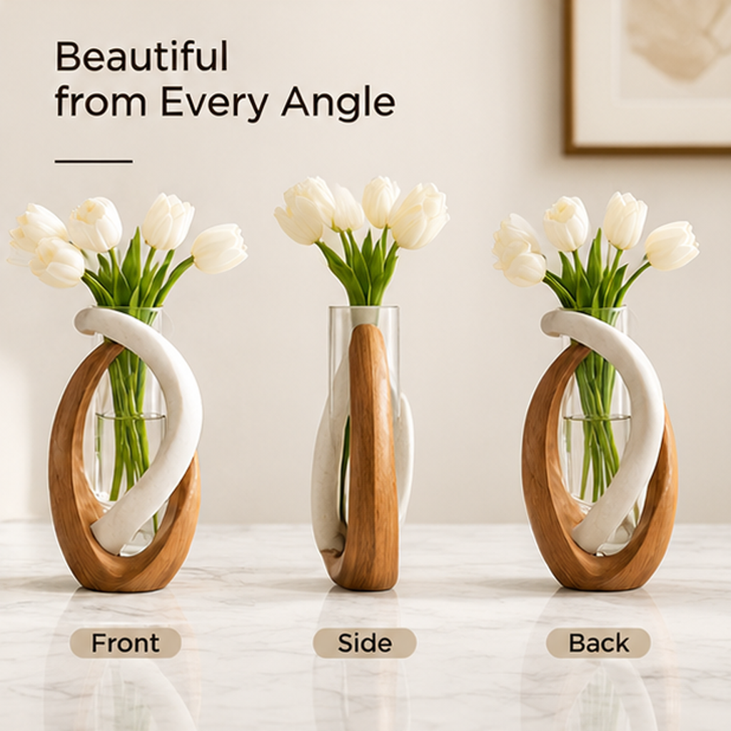 STORVIOBEE® Spiral Frame Flower Vase – Sculptural Wood & Glass Bud Vase