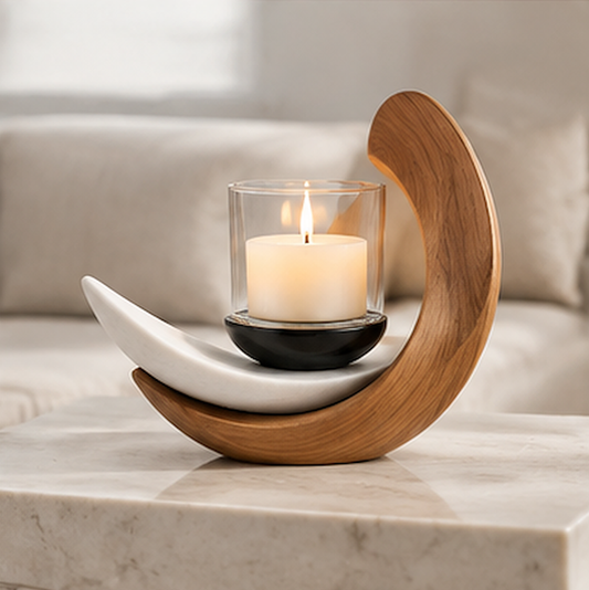 STORVIOBEE® Crescent Candle Holder – Wood & White Sculptural Candleholder