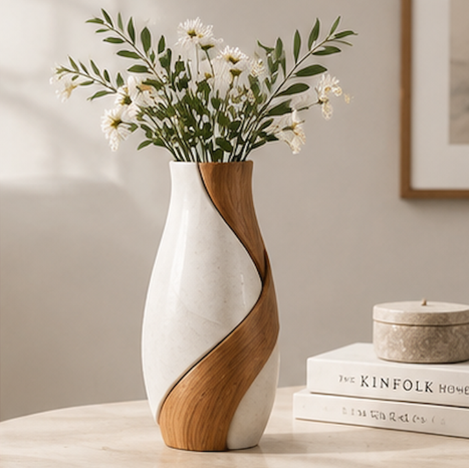 STORVIOBEE® Two-Tone Swirl Vase – Wood & White Sculptural Flower Vase