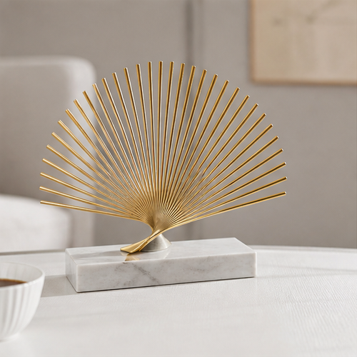 STORVIOBEE® Gold Fan Ray Sculpture – Sunburst Marble Base Decor