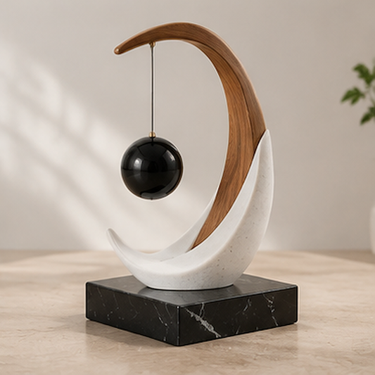 STORVIOBEE® Crescent Orbit Sculpture – Wood & White Kinetic Balance Decor
