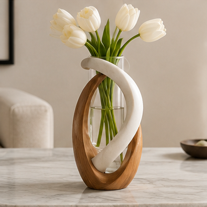STORVIOBEE® Spiral Frame Flower Vase – Sculptural Wood & Glass Bud Vase