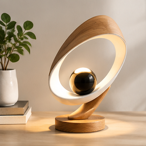STORVIOBEE® Spiral Wood Halo Table Lamp – Sculptural Ambient Lighting
