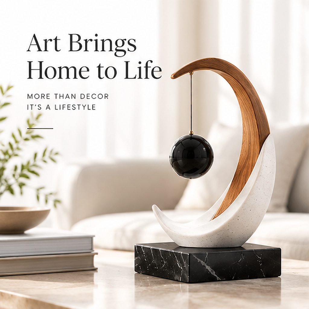 STORVIOBEE® Crescent Orbit Sculpture – Wood & White Kinetic Balance Decor