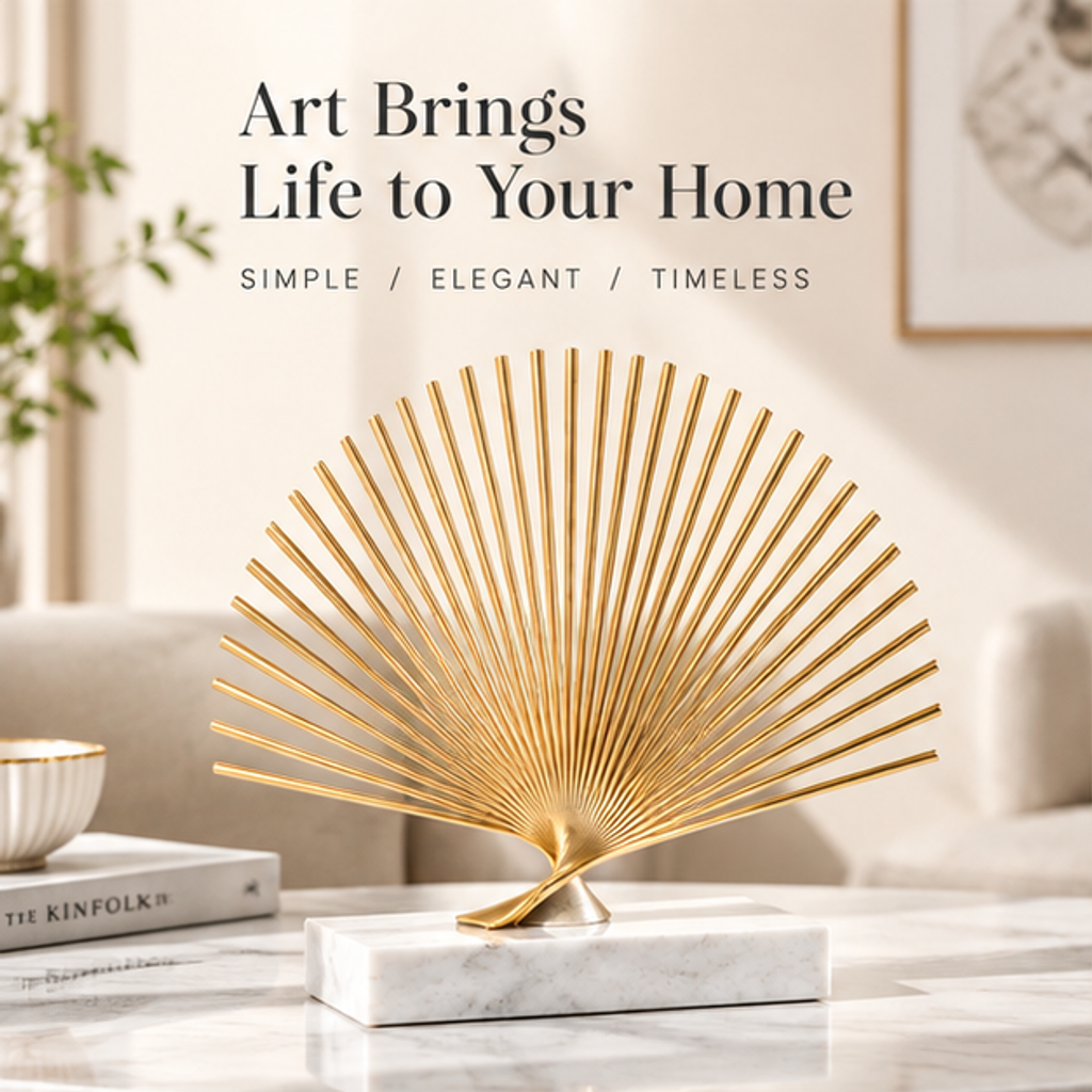 STORVIOBEE® Gold Fan Ray Sculpture – Sunburst Marble Base Decor