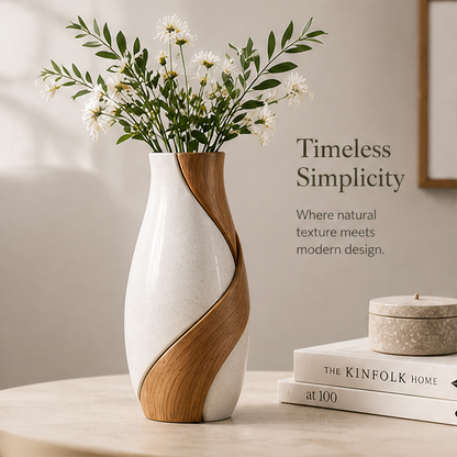 STORVIOBEE® Two-Tone Swirl Vase – Wood & White Sculptural Flower Vase