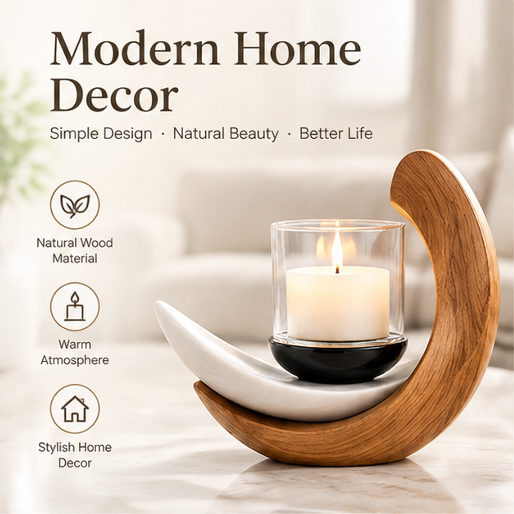 STORVIOBEE® Crescent Candle Holder – Wood & White Sculptural Candleholder