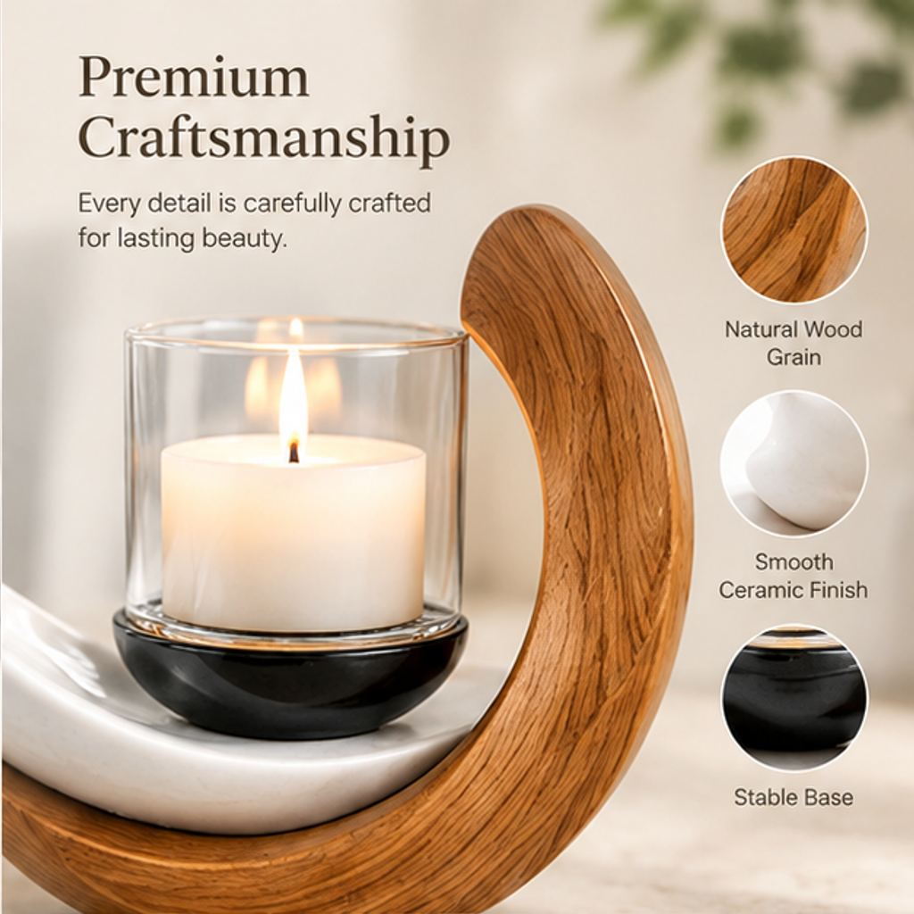 STORVIOBEE® Crescent Candle Holder – Wood & White Sculptural Candleholder
