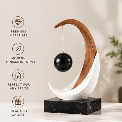 STORVIOBEE® Crescent Orbit Sculpture – Wood & White Kinetic Balance Decor