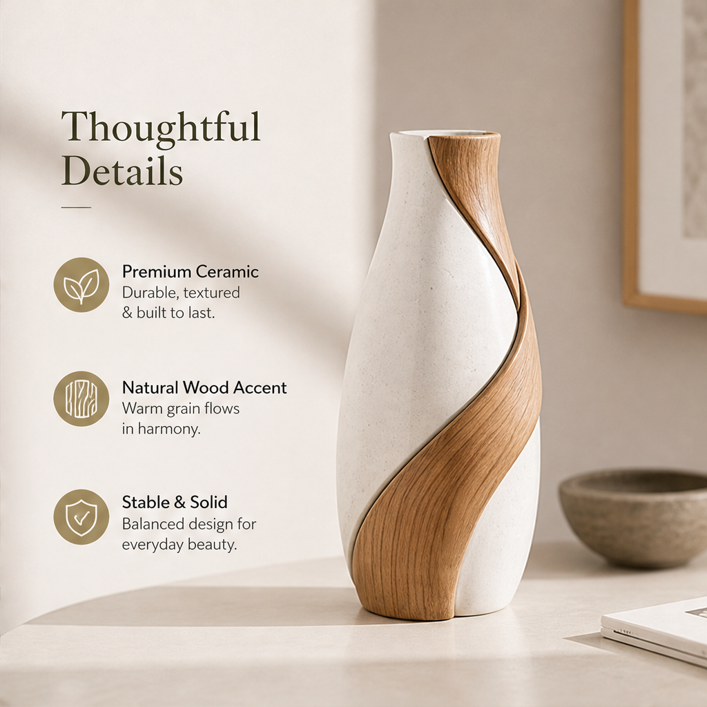 STORVIOBEE® Two-Tone Swirl Vase – Wood & White Sculptural Flower Vase