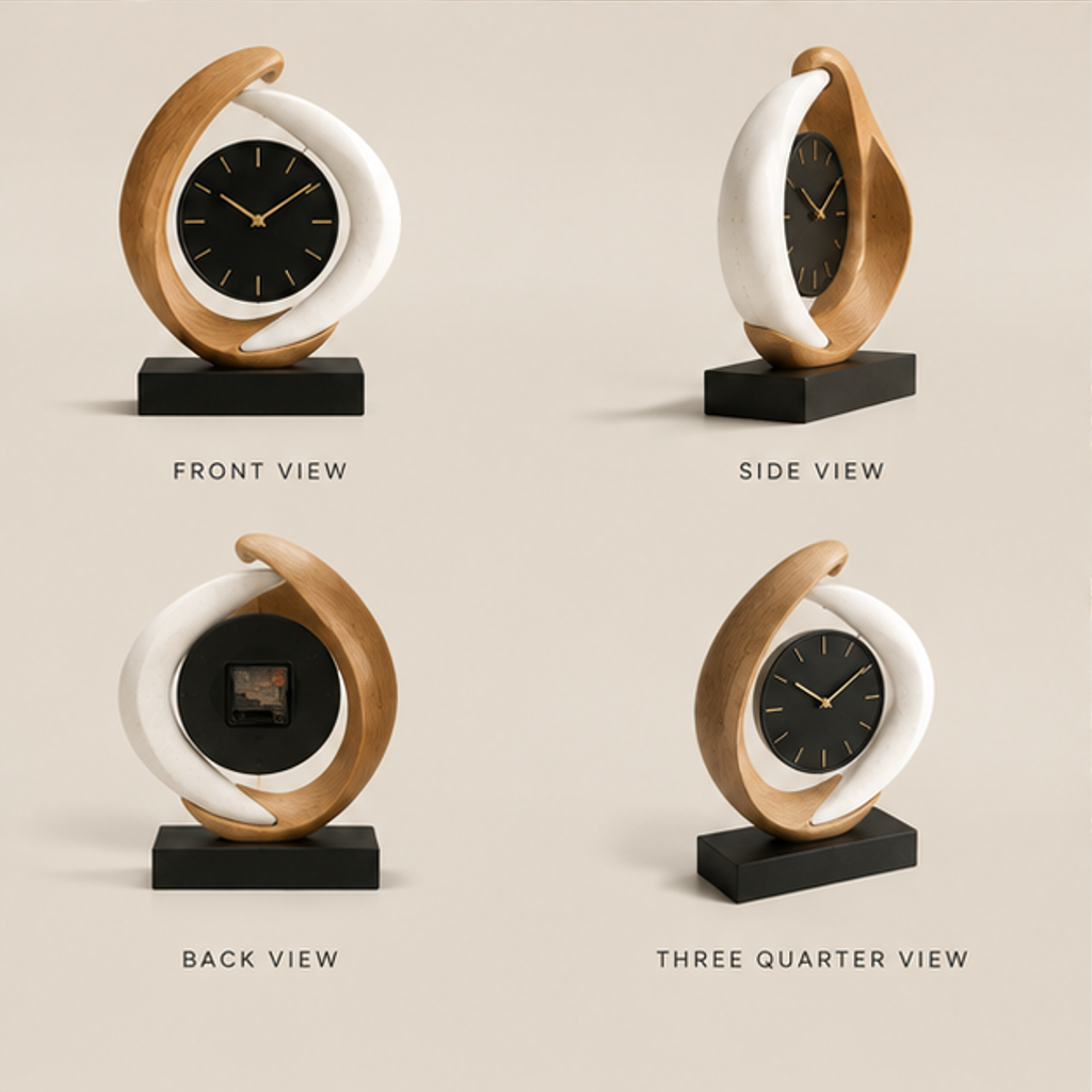 STORVIOBEE® Spiral Desk Clock – Sculptural Wood & White Table Clock
