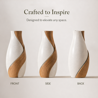 STORVIOBEE® Two-Tone Swirl Vase – Wood & White Sculptural Flower Vase