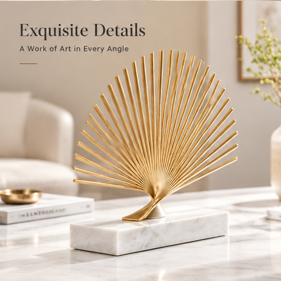 STORVIOBEE® Gold Fan Ray Sculpture – Sunburst Marble Base Decor