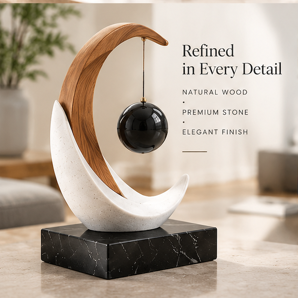 STORVIOBEE® Crescent Orbit Sculpture – Wood & White Kinetic Balance Decor