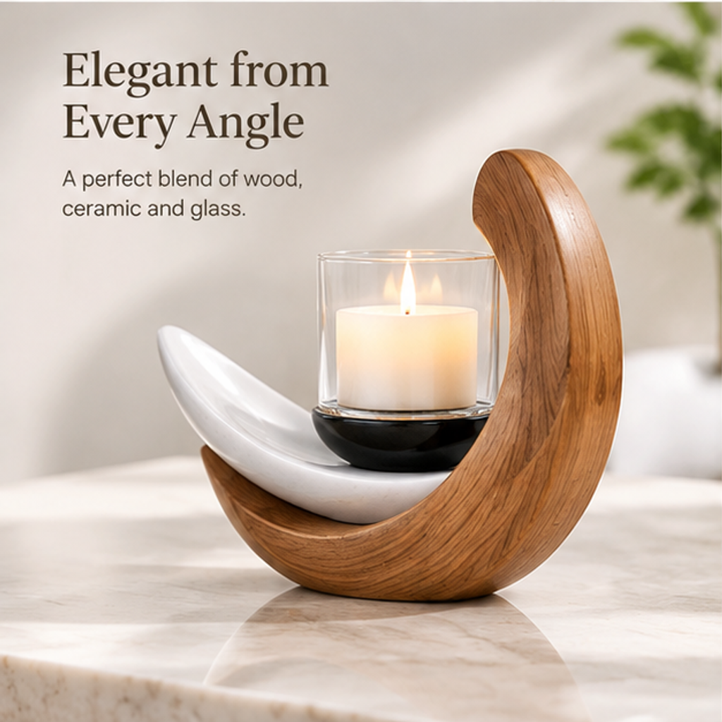 STORVIOBEE® Crescent Candle Holder – Wood & White Sculptural Candleholder