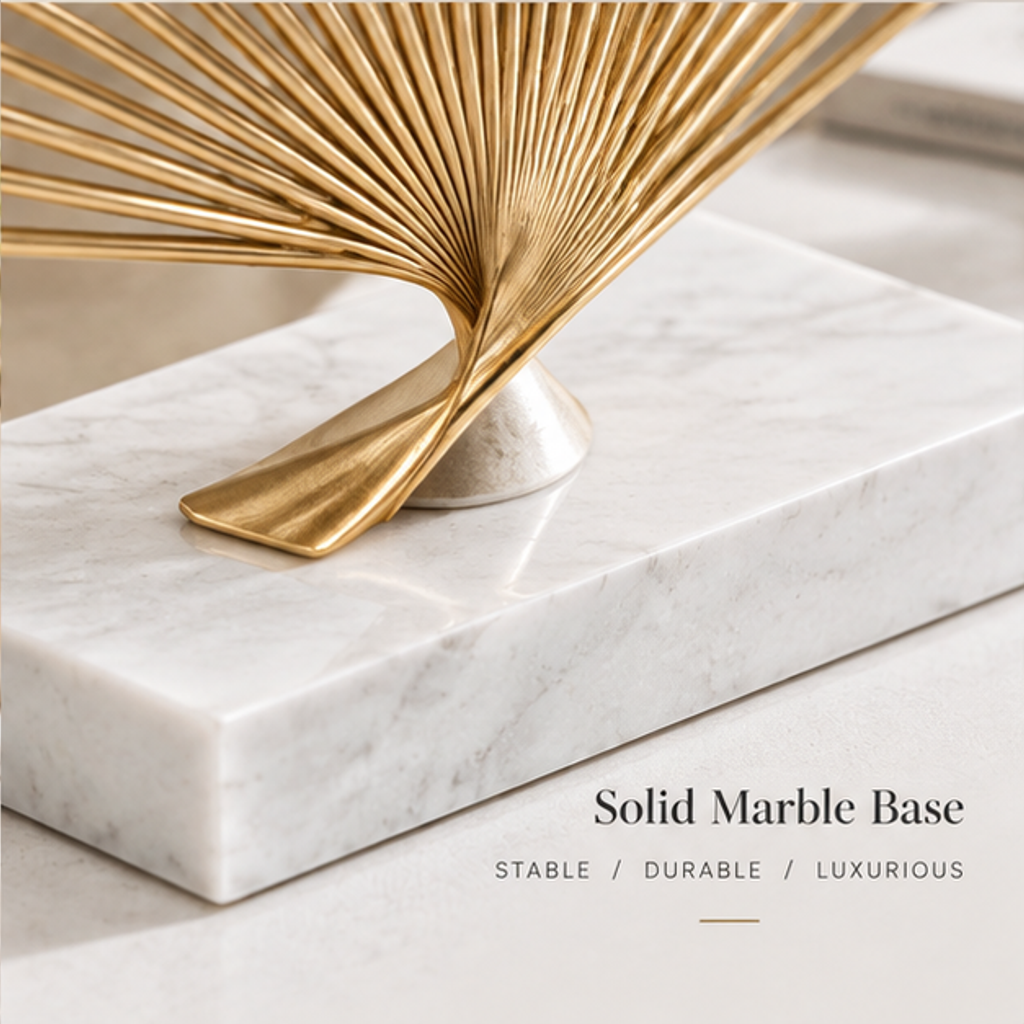 STORVIOBEE® Gold Fan Ray Sculpture – Sunburst Marble Base Decor