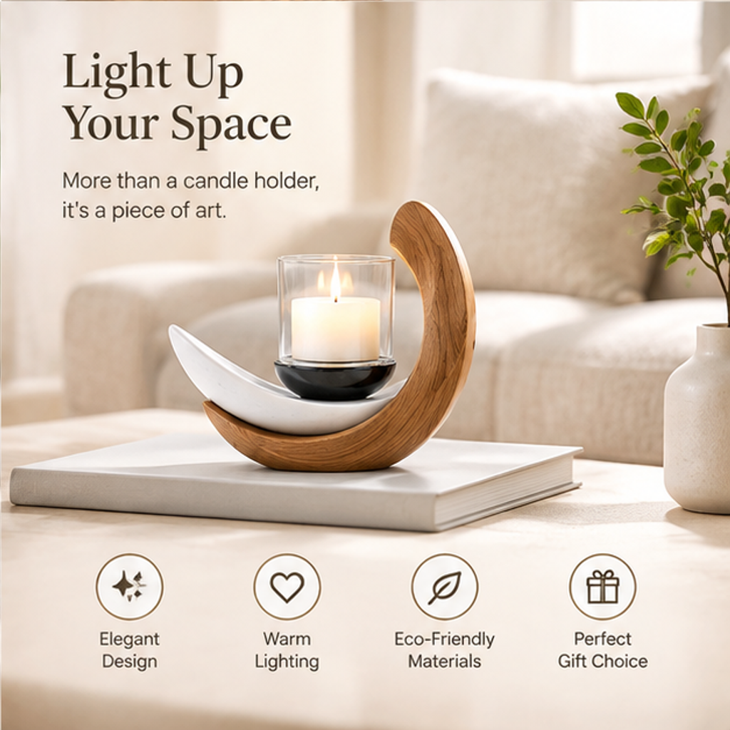 STORVIOBEE® Crescent Candle Holder – Wood & White Sculptural Candleholder
