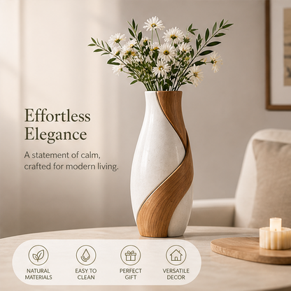 STORVIOBEE® Two-Tone Swirl Vase – Wood & White Sculptural Flower Vase